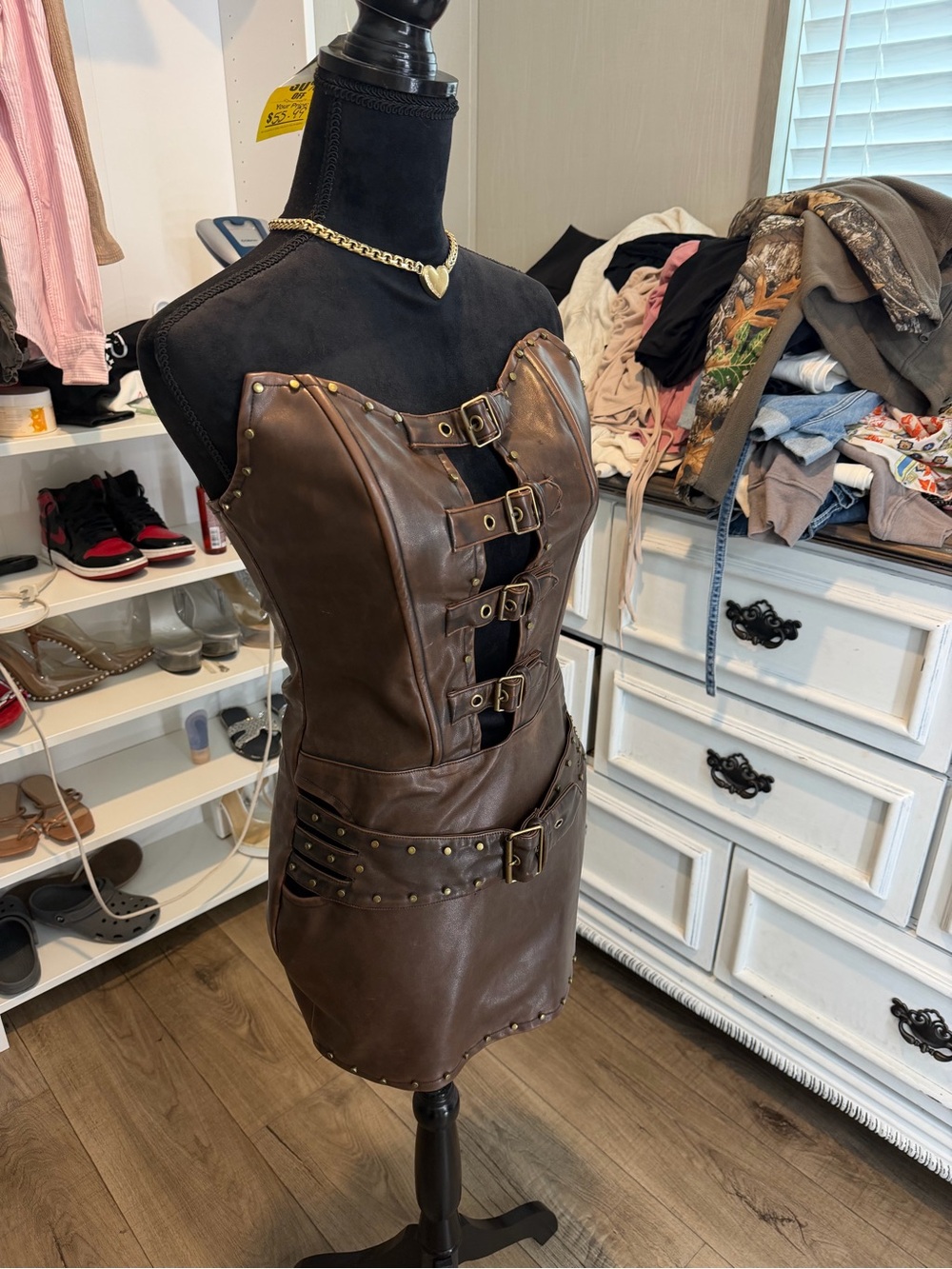 Fashion Nova Brown Strapless Faux Leather Buckle Mini Dress
